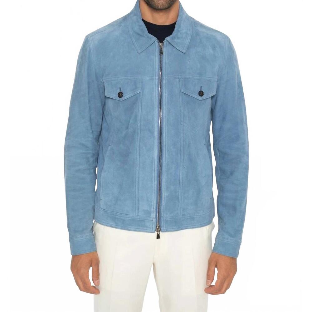 NEW ISAIA suede zip front jacket in blue